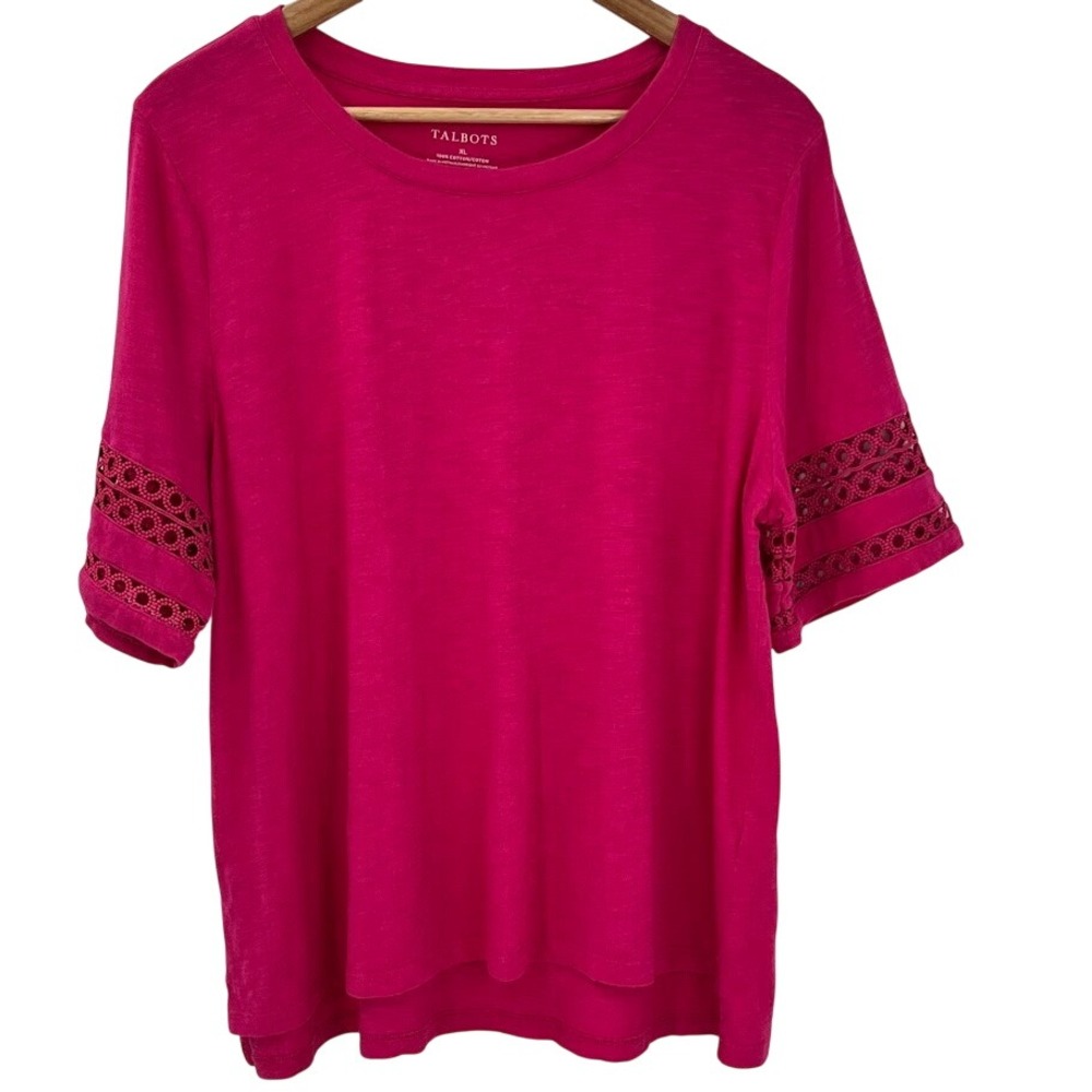 Talbots Womens XL Pink 100% Cotton Slub Eyelet Sleeve Crewneck T-Shirt‎ Tee